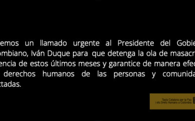 La Taula se suma al comunicado de Oidhaco en condena de los hechos violentos y de la grave situación humanitaria en el territorio colombiano