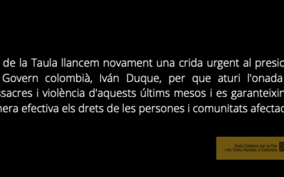 La Taula condemna les massacres de les darreres setmanes i expressa la seva preocupació per la intensificació de la violència a Colòmbia